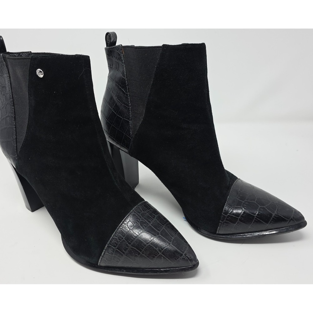 Marc Fisher Ankle Boots Women 10 Black Croc Suede Block Heel Pointed Toe